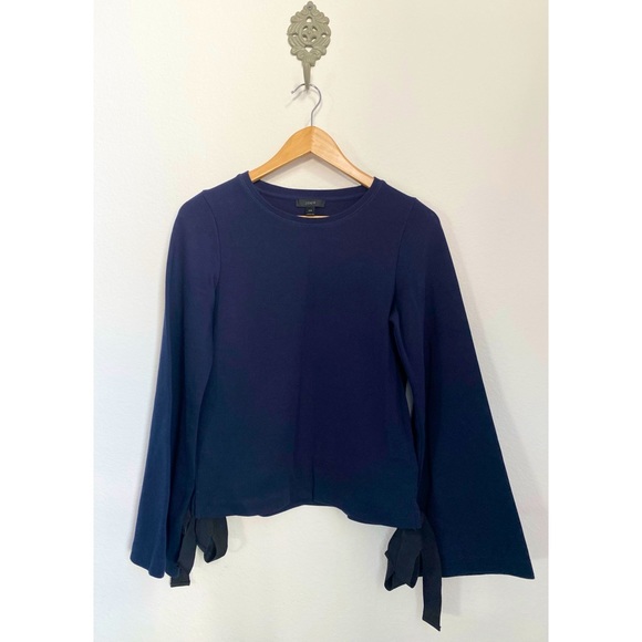 J. Crew • Navy Blue Tie Bell Shaped Long Sleeve Knit Blouse Top - Picture 2 of 16